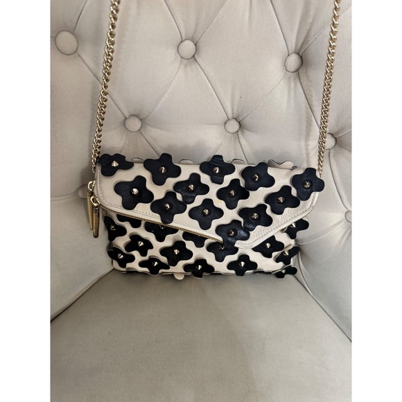 Henri Bendel Black Floral Studded Cream Leather Chain Shoulder Bag - Picture 3 of 10